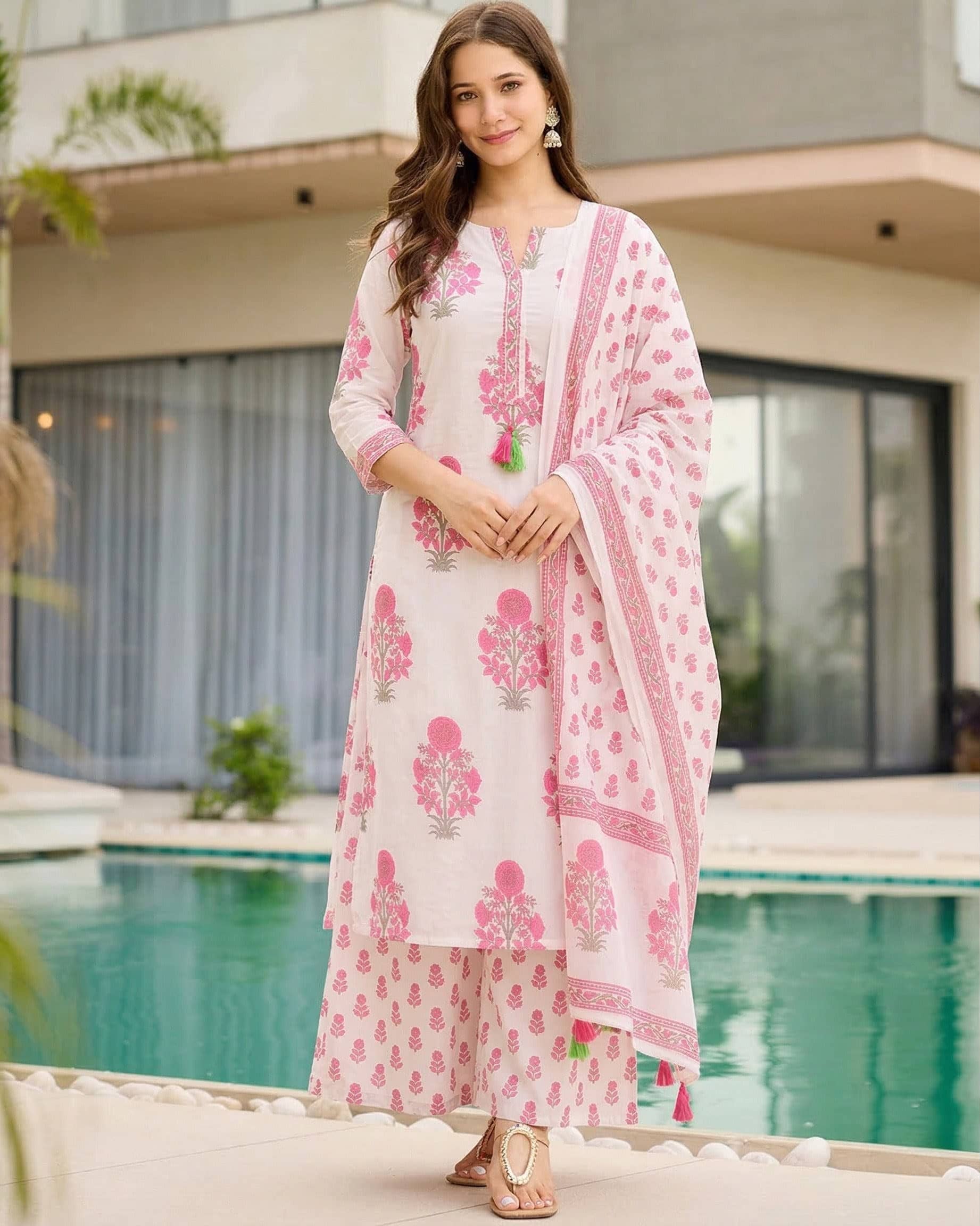 INDIAN SILKS Women Cotton Printed Straight Kurti With Palazzo ( Pink )