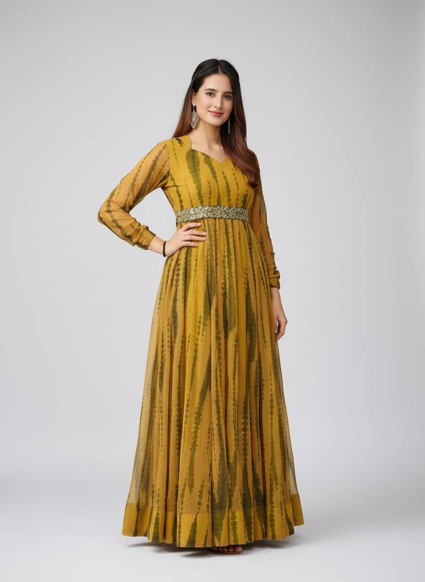 Krunal Raiyani Women Crepe Printed Fit & Flare Dress ( Yellow )