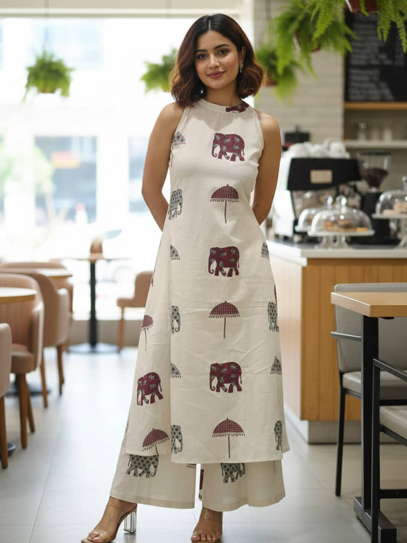 Nirja Fab Women Cotton Blend Printed A-line Kurti With Pants ( White )