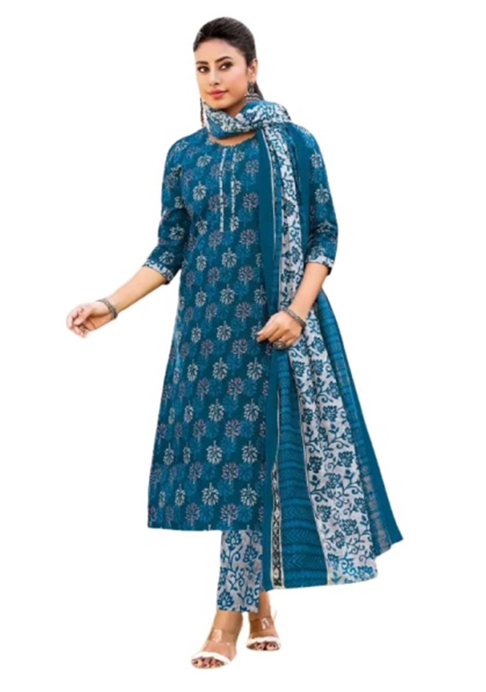 SIMMU Women Cotton Printed Straight Kurti With Pants ( Blue )