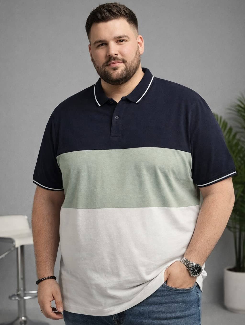 AUSTIVO Men Cotton Blend Regular Fit Striped Polo T Shirt ( Navy )