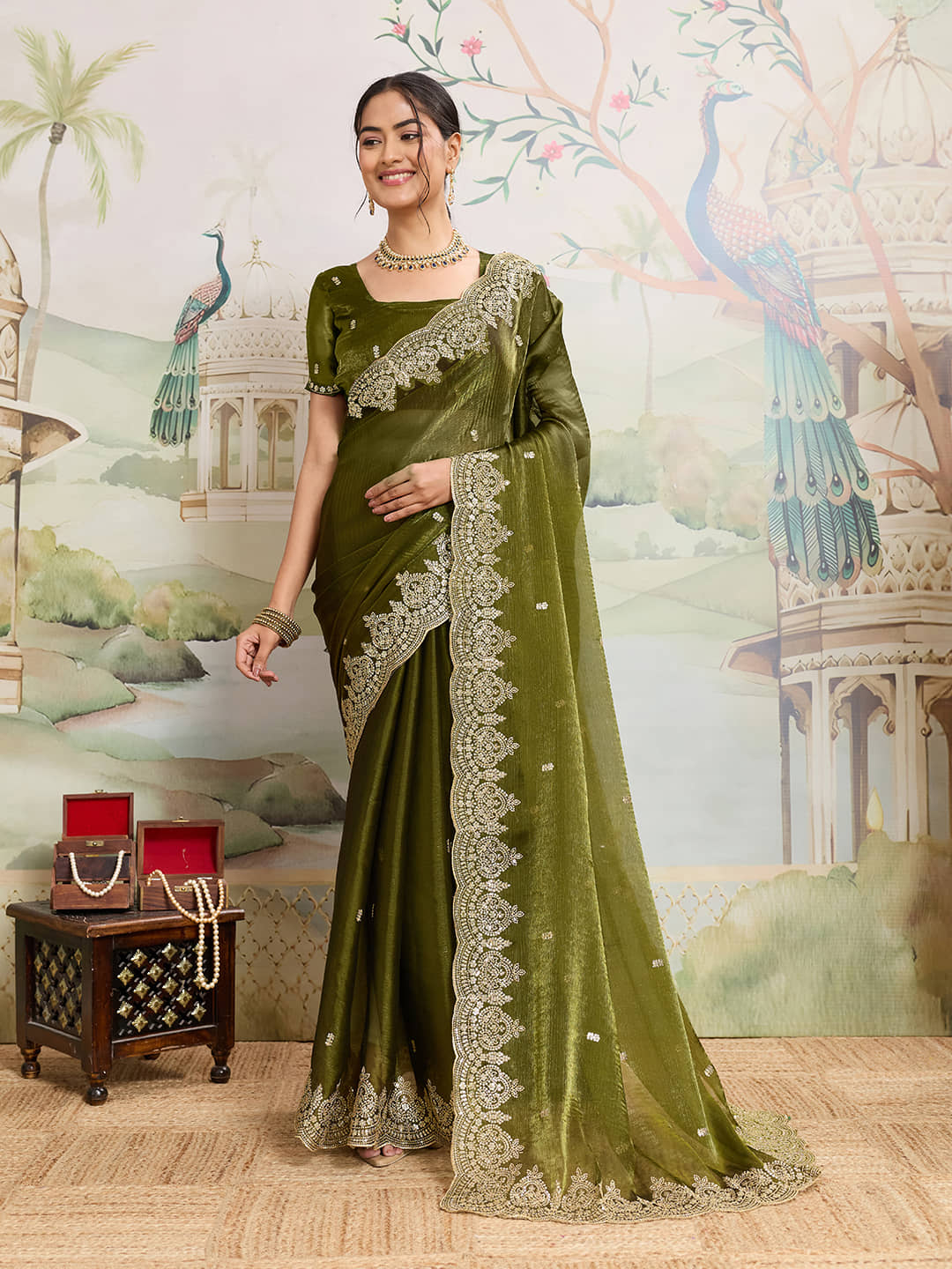 TTH Jimmy Choo Embellished Regular Saree With Unstitched Blouse Piece ( Light Green ) - Sarees | Buy online on ZillyBuy