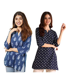 AK FASHION MALL Women Cotton Blend Printed A-line Kurti ( Blue )