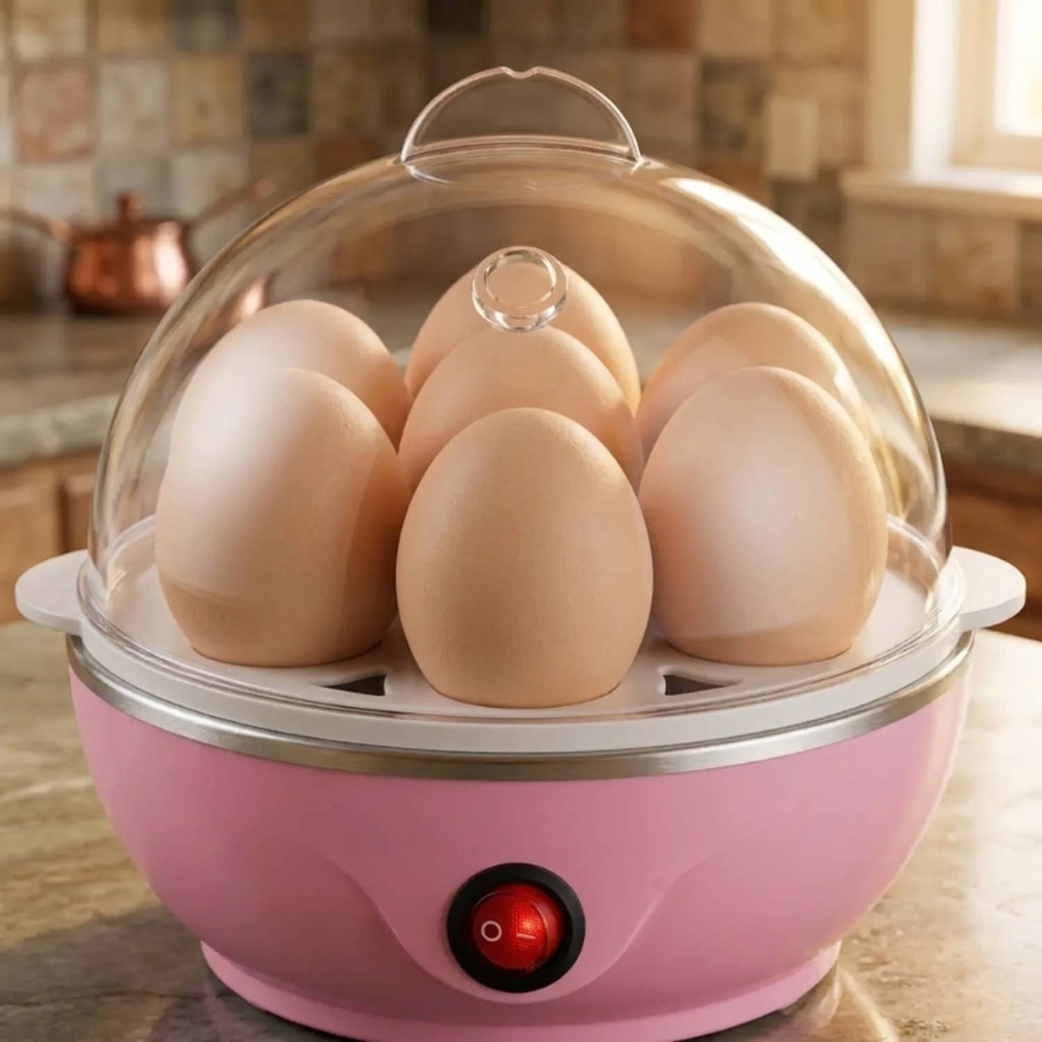 Electric Egg Boiler, Pink and White, Automatic Shut-Off, 7 Egg Capacity, Plastic and Steel Construction, 10-Minute Cooking Time