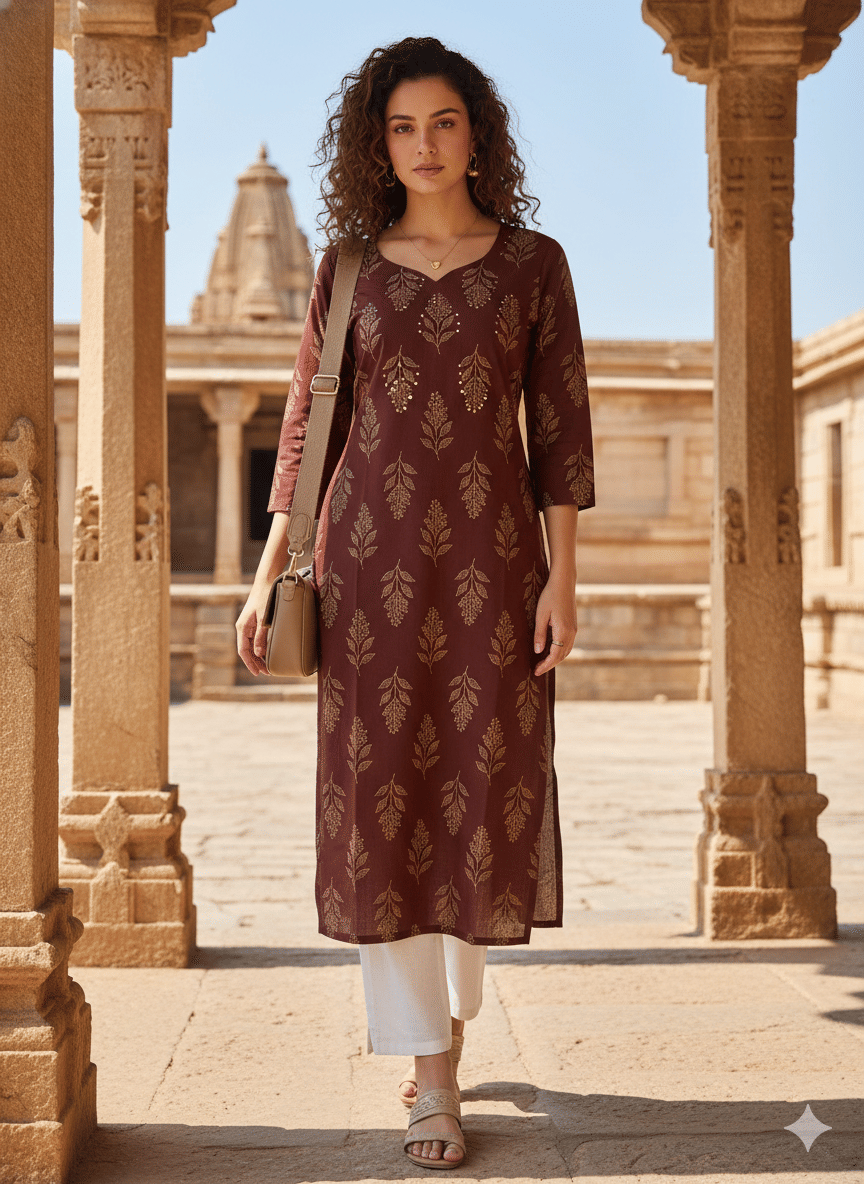 Rajnandini Women Cotton Printed Straight Kurti ( Brown ) - Kurtis, Tunics | Buy online on ZillyBuy