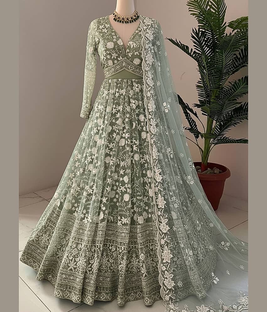 A TO Z CART Women's Net Semi Stitched Flared Ethnic Gown With Dupatta - Unstitched Fabrics | Buy online on ZillyBuy