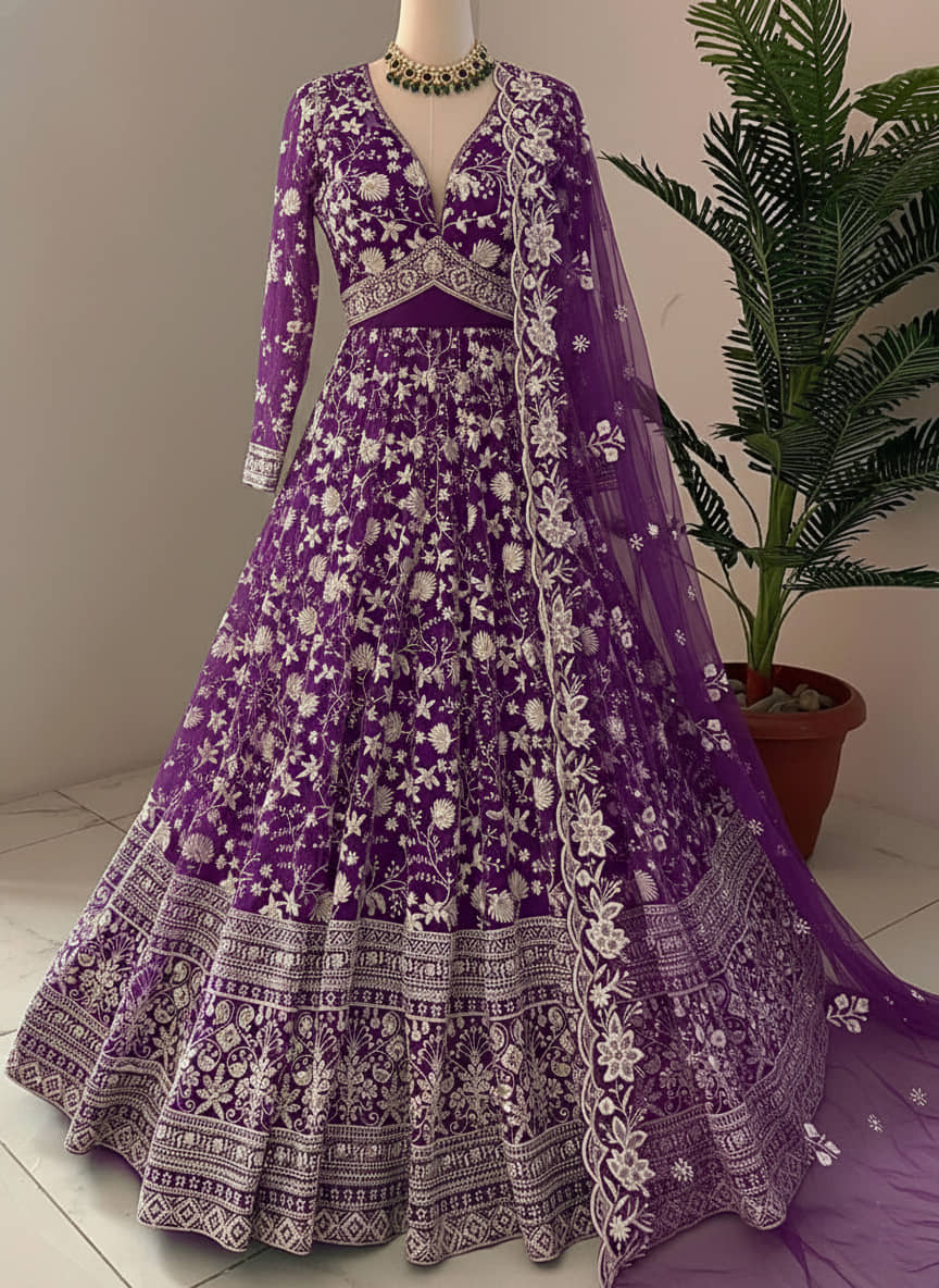 Apnisha Women's Net Semi Stitched Flared Ethnic Gown With Dupatta - Unstitched Fabrics | Buy online on ZillyBuy