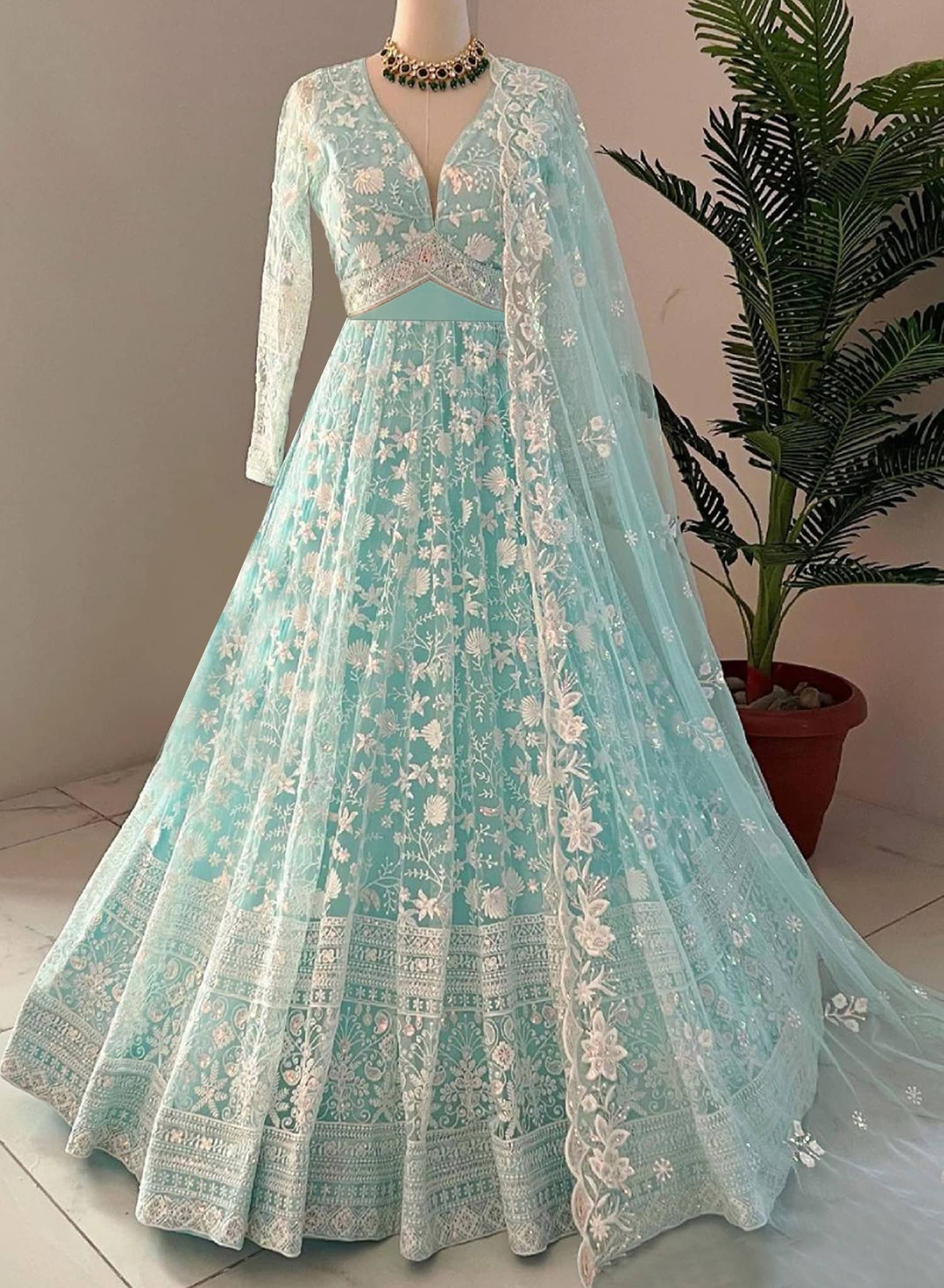 KV Fashion Women's Net Semi Stitched Flared Ethnic Gown With Dupatta - Unstitched Fabrics | Buy online on ZillyBuy