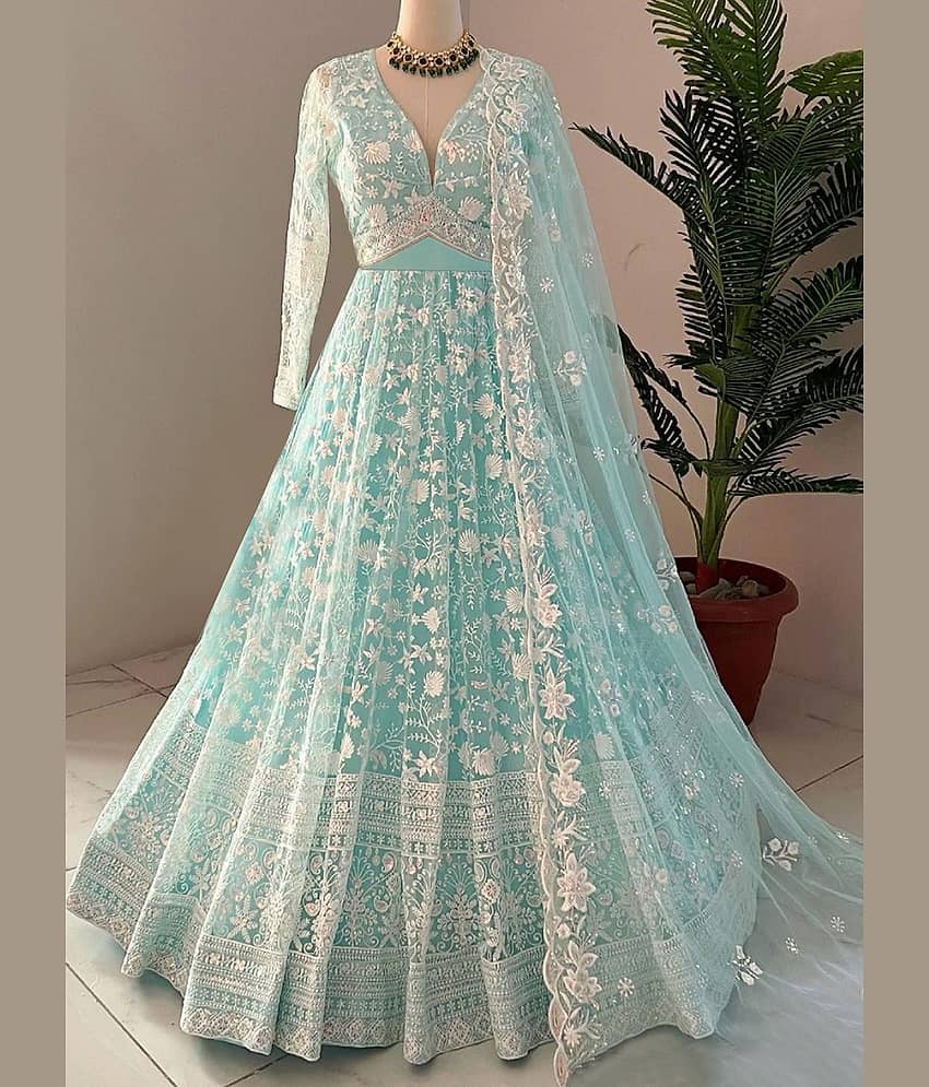 Lady Shopi Women's Net Semi Stitched Flared Ethnic Gown With Dupatta - Unstitched Fabrics | Buy online on ZillyBuy