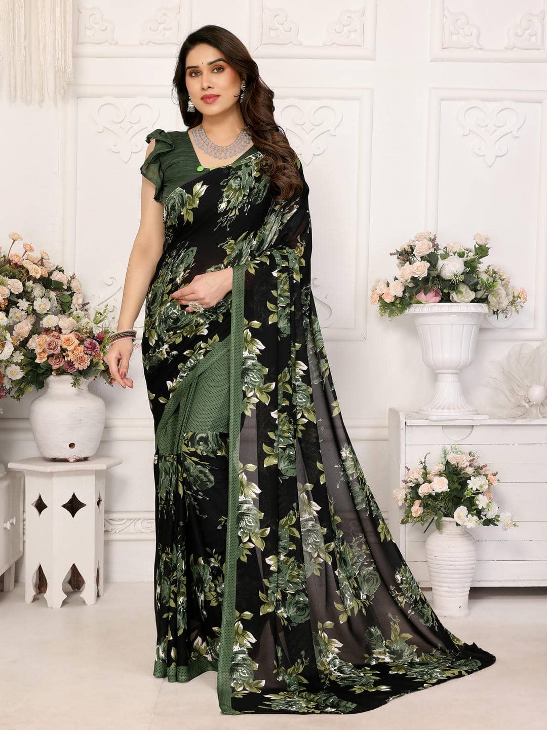 TTH Georgette Printed Regular Saree With Unstitched Blouse Piece ( Olive ) - Sarees | Buy online on ZillyBuy