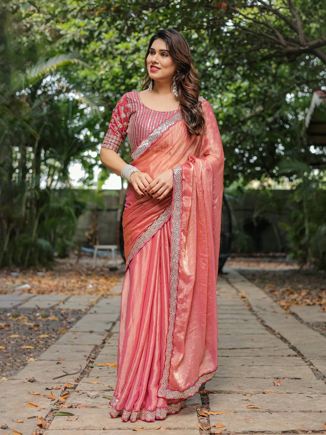 TTH Organza Embellished Regular Saree With Unstitched Blouse Piece ( Peach ) - Sarees | Buy online on ZillyBuy
