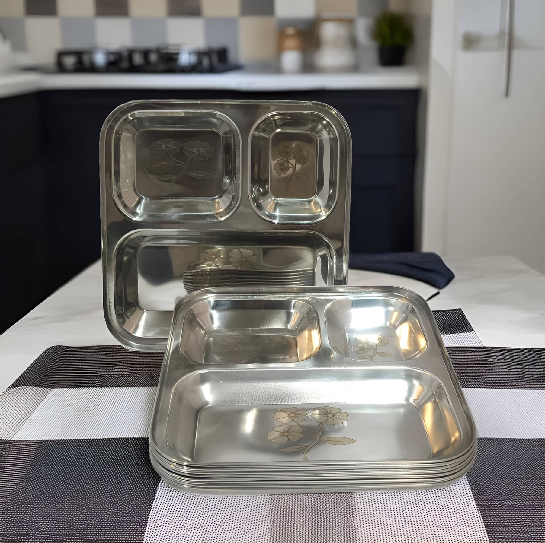 kitchrox 9 Pcs Stainless Steel Silver Partition Thali