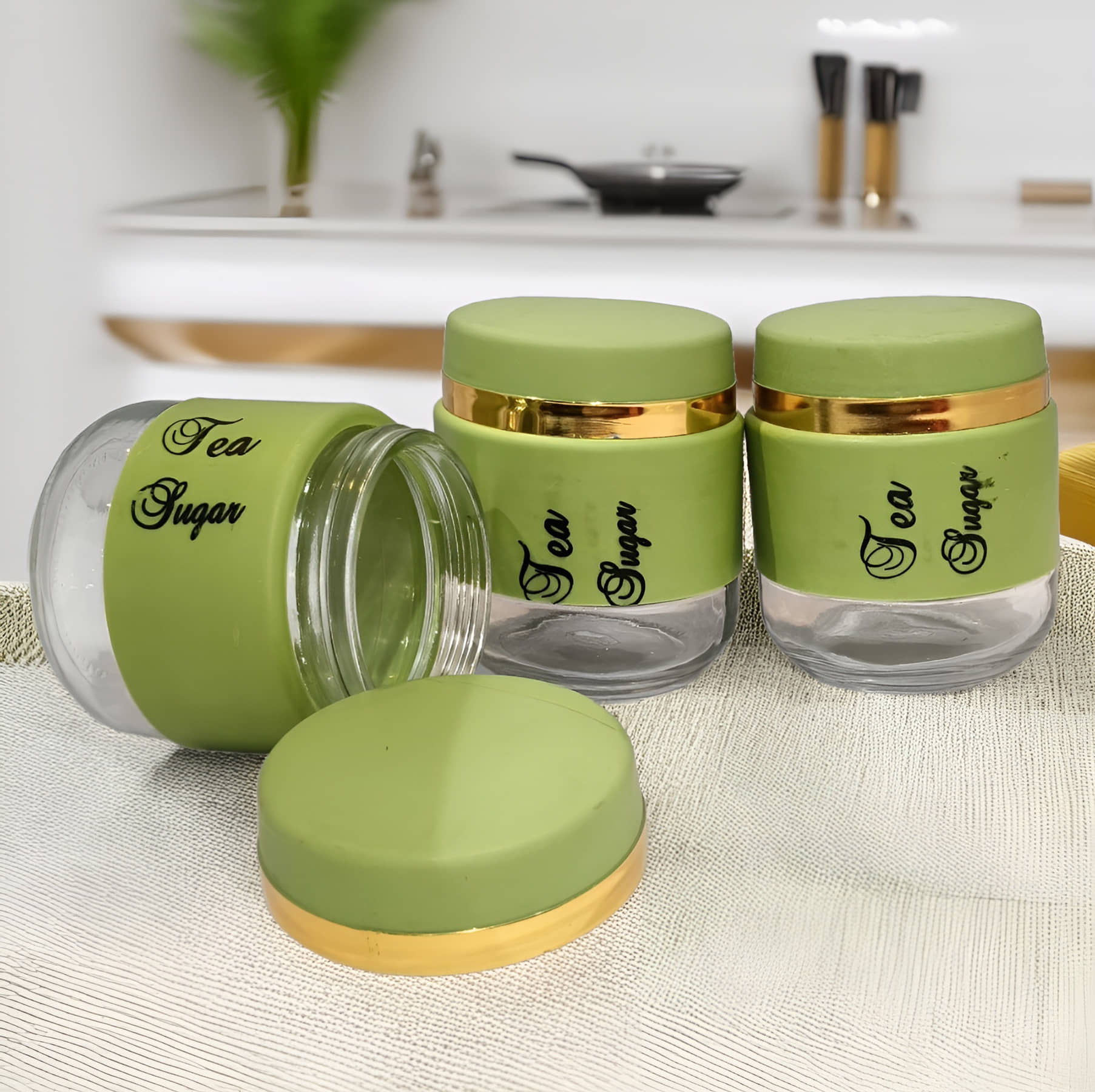 kitchrox Jars for Kitchen Glass Green Utility Container ( Set of 3 )