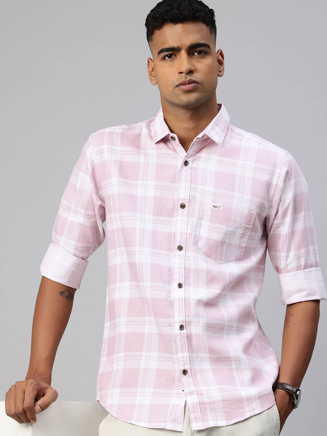 MAJESTIC MAN 100% Cotton Slim Fit Checks Full Sleeves Men's Casual Shirt - Light Grey ( Pack of 1 )