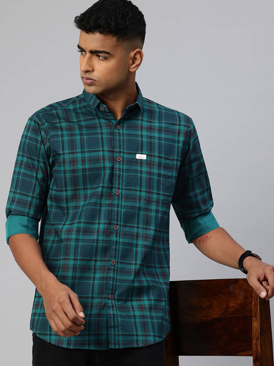 MAJESTIC MAN 100% Cotton Slim Fit Checks Full Sleeves Men's Casual Shirt - Teal ( Pack of 1 )