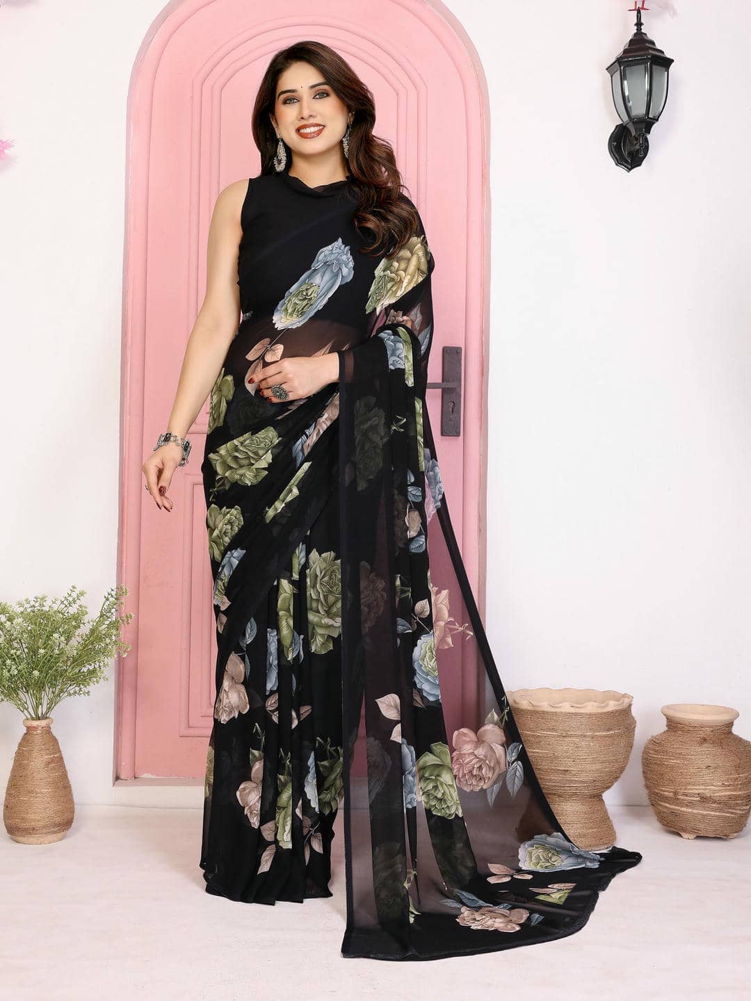 TTH Georgette Printed Regular Saree With Unstitched Blouse Piece ( Orange ) - Sarees | Buy online on ZillyBuy