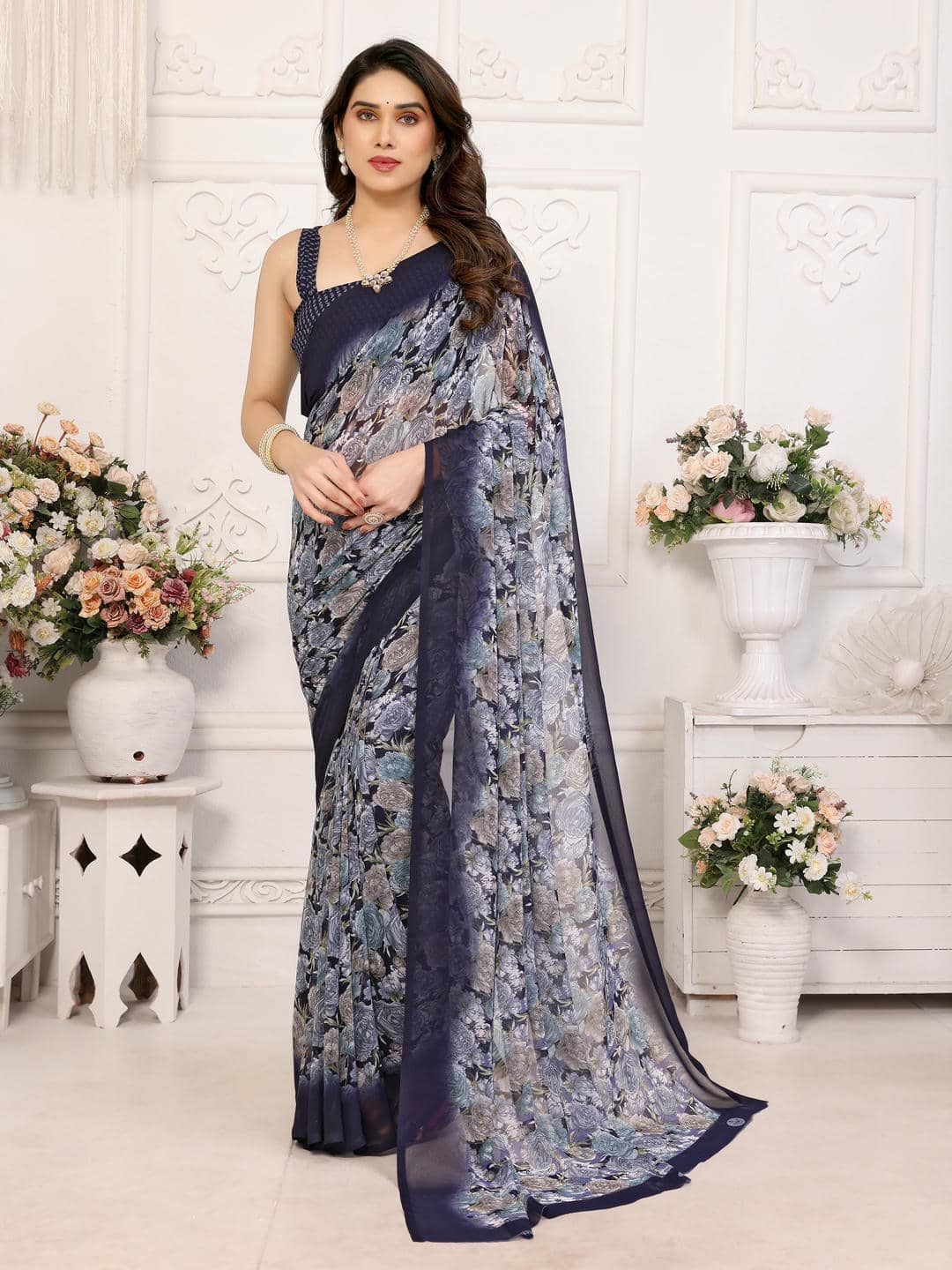 TTH Georgette Printed Regular Saree With Unstitched Blouse Piece ( Navy Blue ) - Sarees | Buy online on ZillyBuy