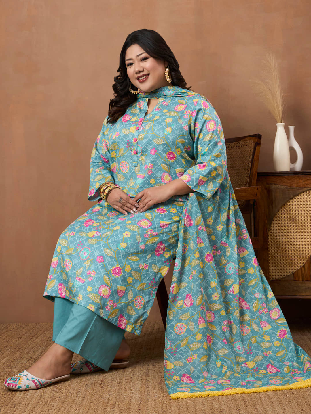 Tissu Women Cotton Printed Straight Kurti With Palazzo ( Sea Green )