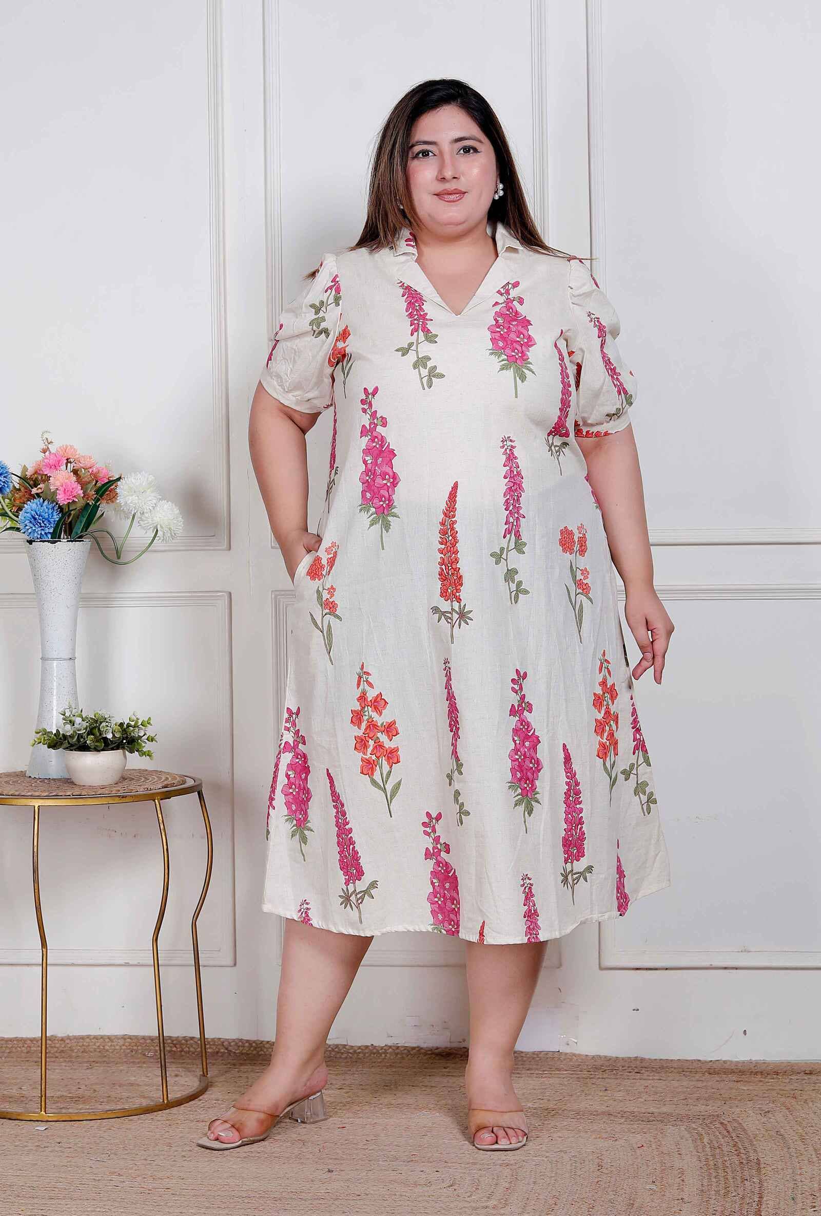miravan Women Cotton Printed A-line Dress ( Off White )