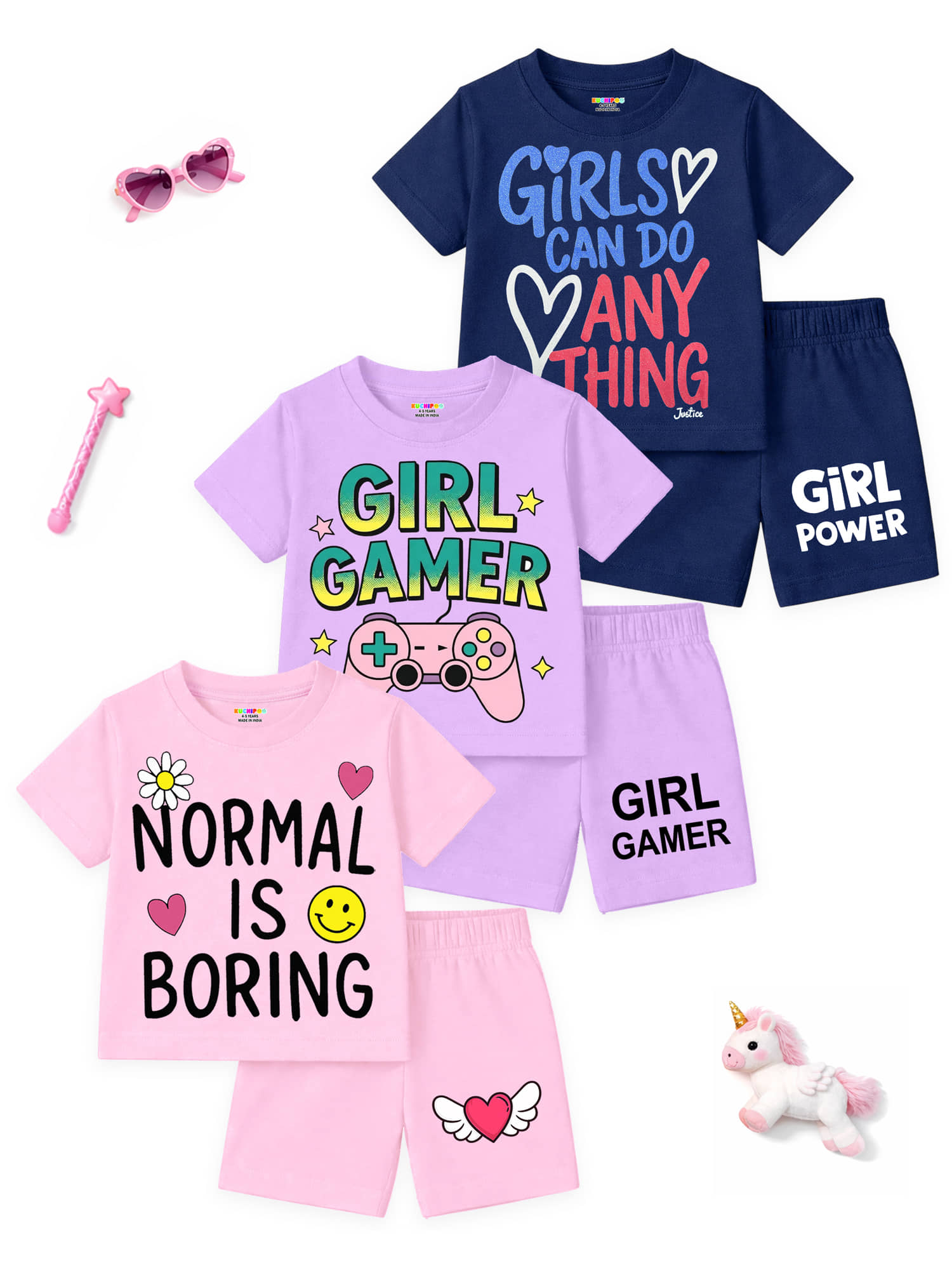 Kuchipoo Pack of 3 Girls Cotton Blend T-shirt & Shorts ( Multicolor 2 )