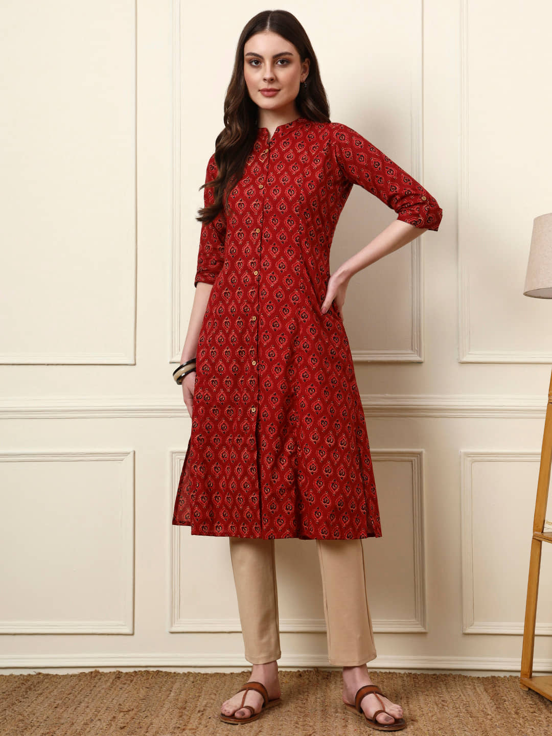 Divena Women Cotton Printed A-line Kurti ( Maroon ) - Kurtis, Tunics | Buy online on ZillyBuy