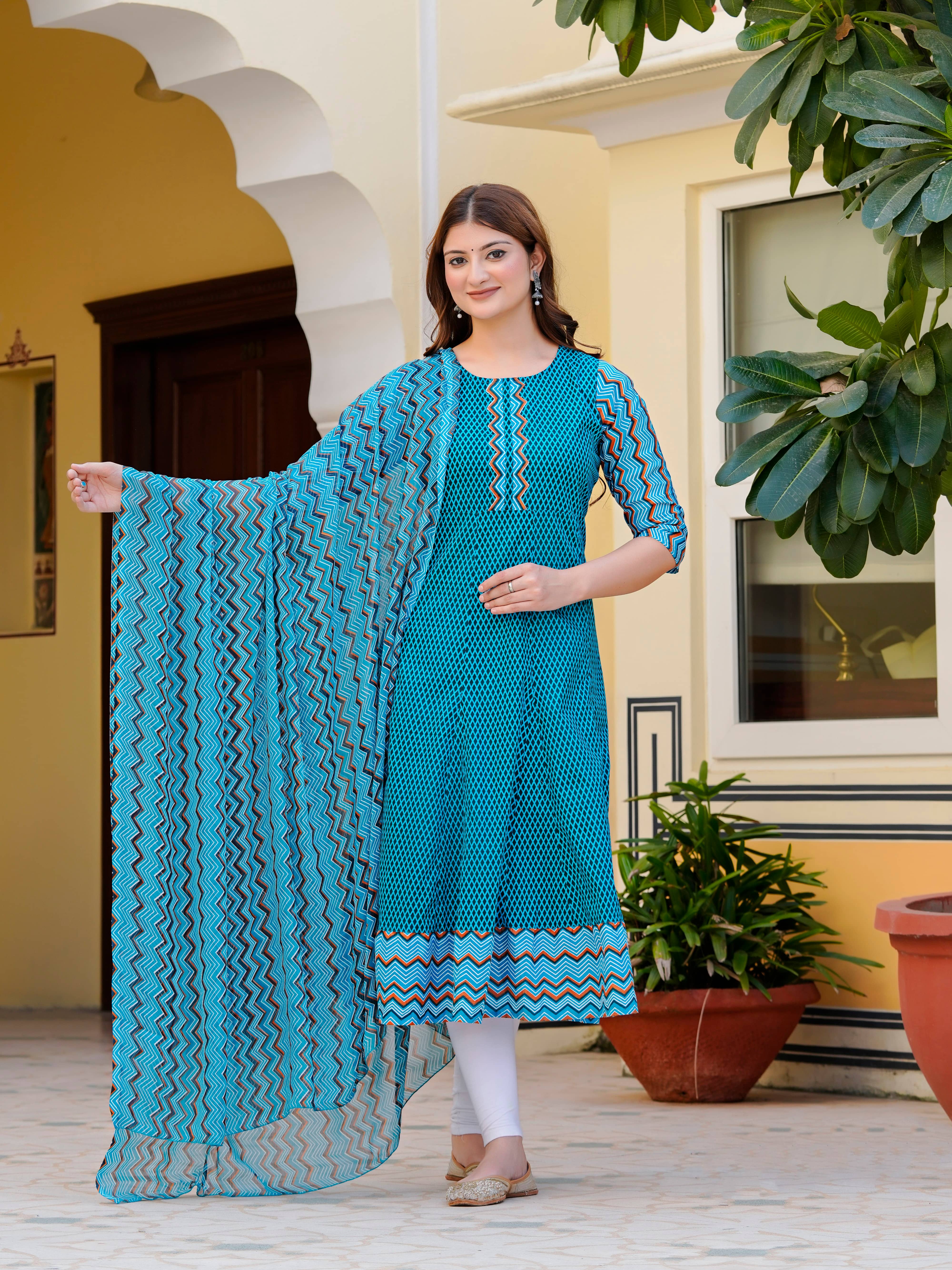 Yash Gallery Women Cotton Printed Anarkali Kurti with Dupatta ( Teal ) - Kurtis, Tunics | Buy online on ZillyBuy