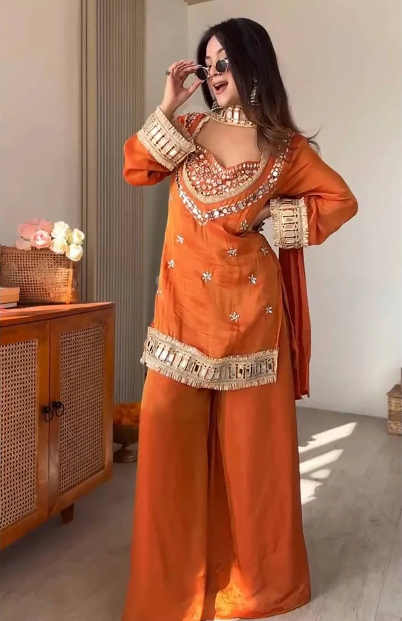kedar fab Women Silk Embroidered Straight Kurti With Palazzo ( Orange )