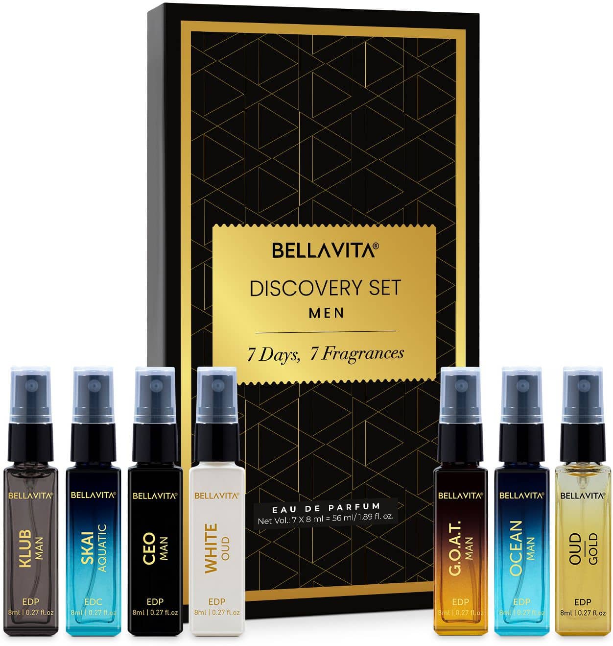 BELLAVITA Discovery | Long Lasting EDP 7x8ml Perfume Gift Set for Man | Woody, Oud and Fresh Premium Fragrance for Men | Ideal for Every Moment
