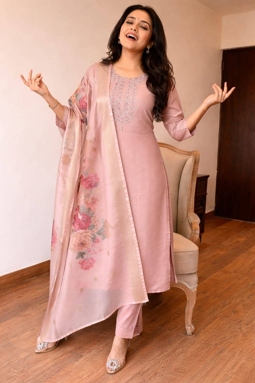 Radhe Enterprise Women Rayon Embroidered Straight Kurti With Pants ( Peach )