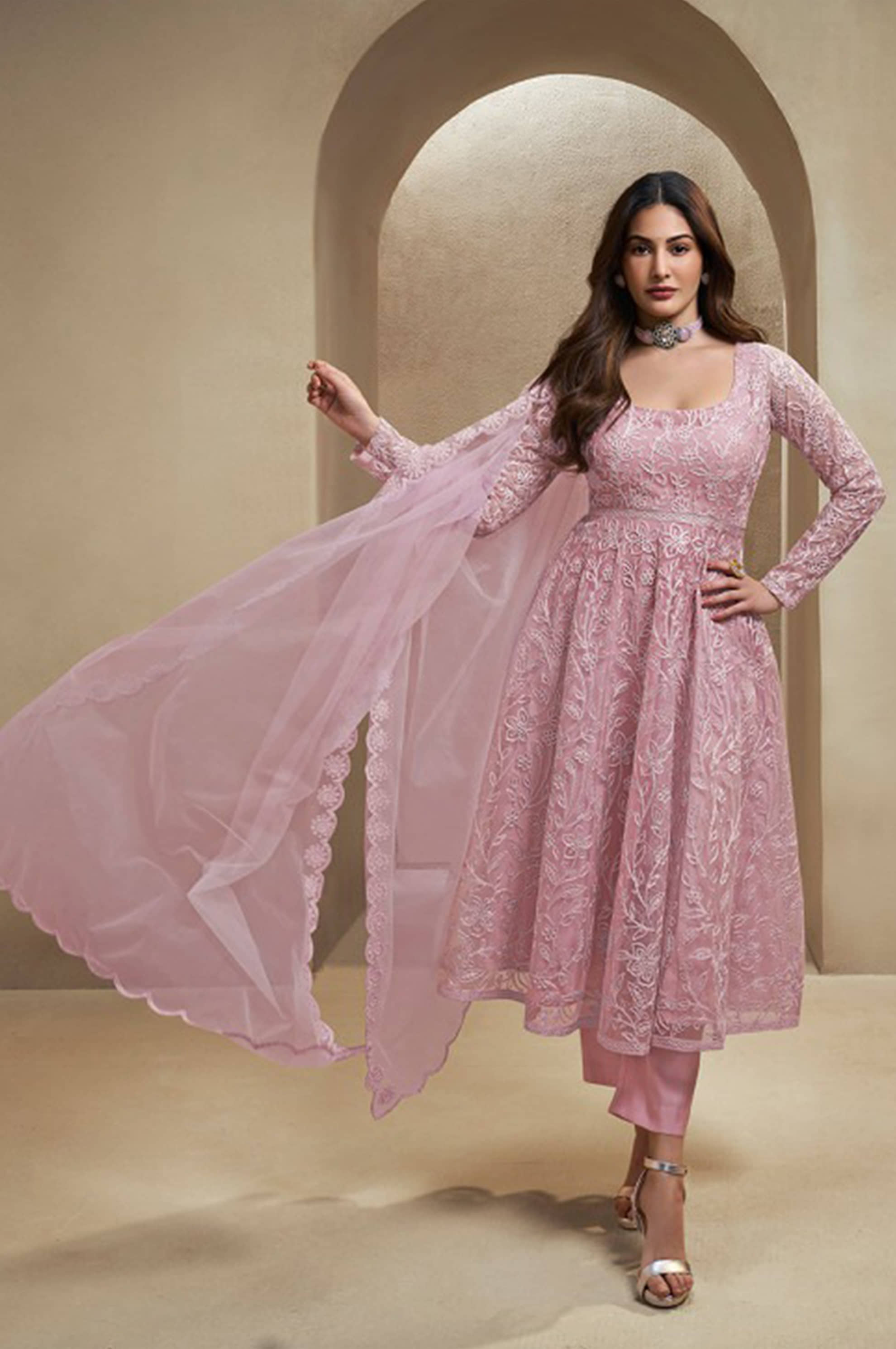 VARNI VESH Women Net Embroidered Anarkali Kurti With Pants ( Pink )