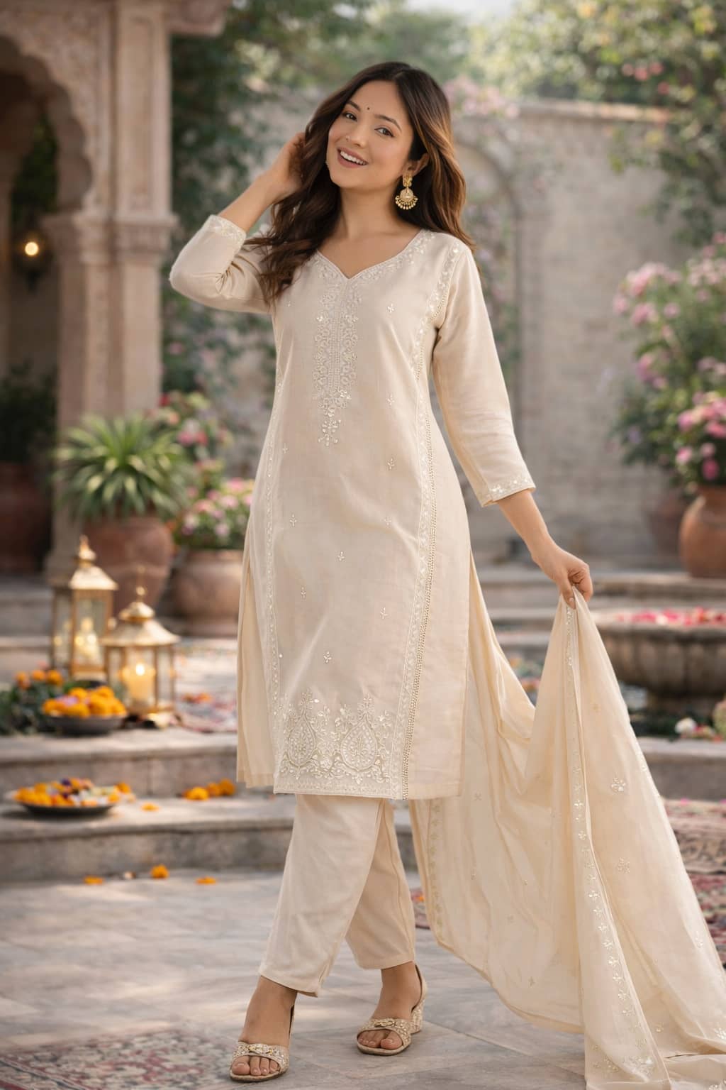 Sheetal associates Women Silk Blend Embroidered Straight Kurti With Pants ( Off White )