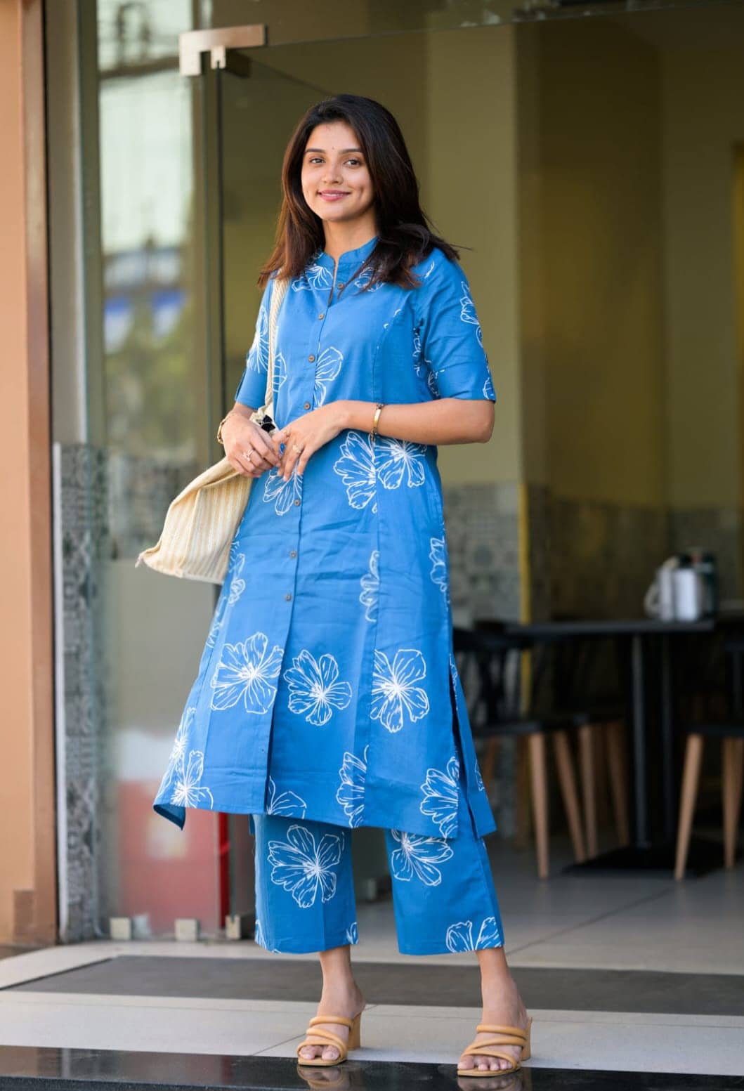 YAGNIK FASHION Women Cotton Blend Self Design Straight Kurti With Pants ( Blue )