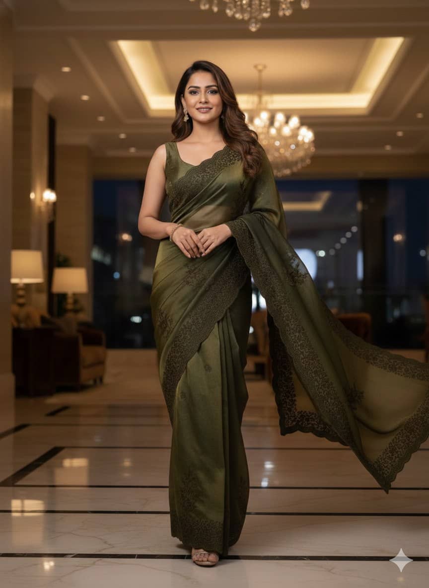 THE PRIVATE LABLE Satin Embroidered Regular Saree With Unstitched Blouse Piece ( Green ) - Sarees | Buy online on ZillyBuy