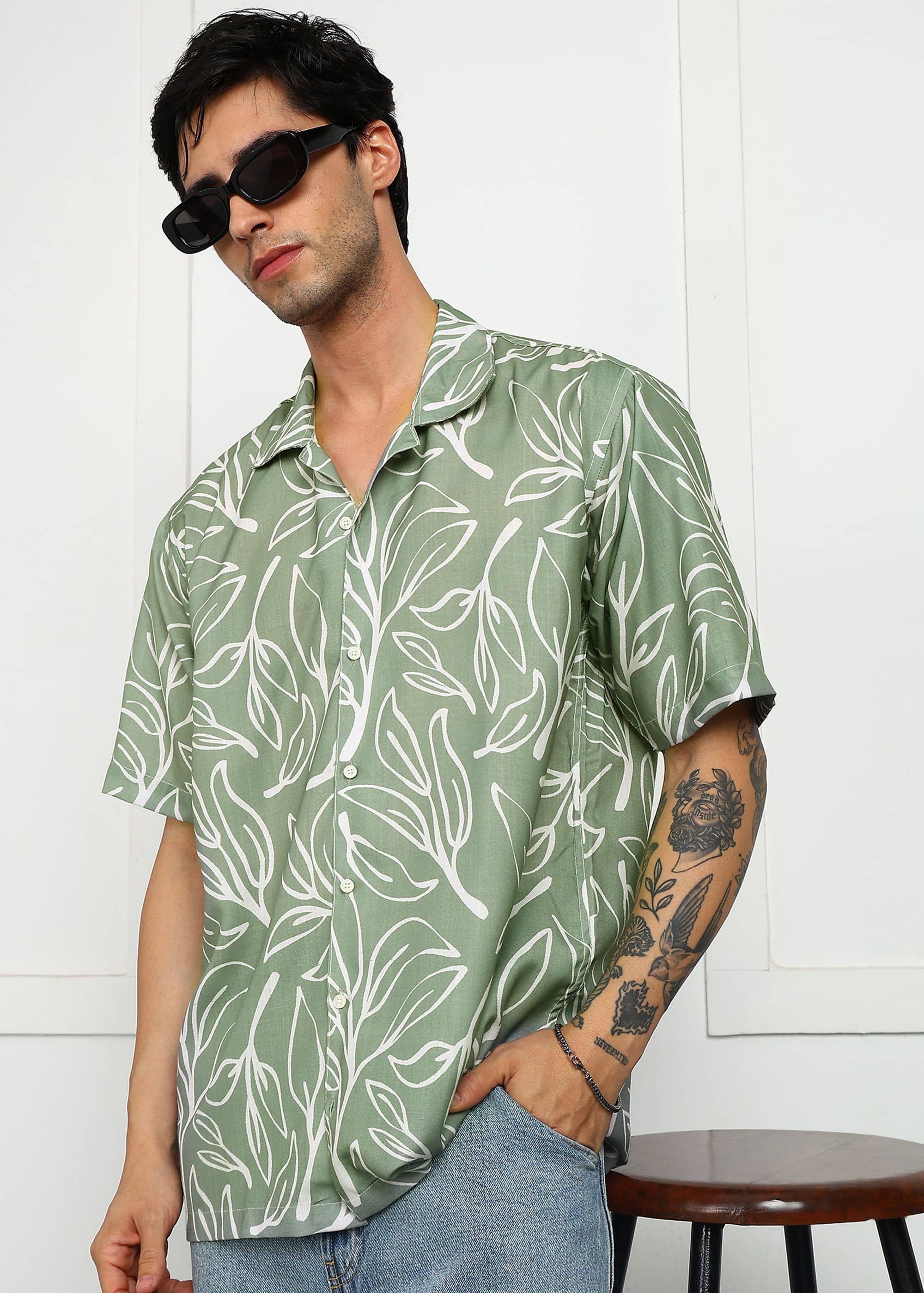 BROWN BROTHERS Cotton Blend Oversized Fit Printed Half Sleeves Men's Casual Shirt - Green ( Pack of 1 )