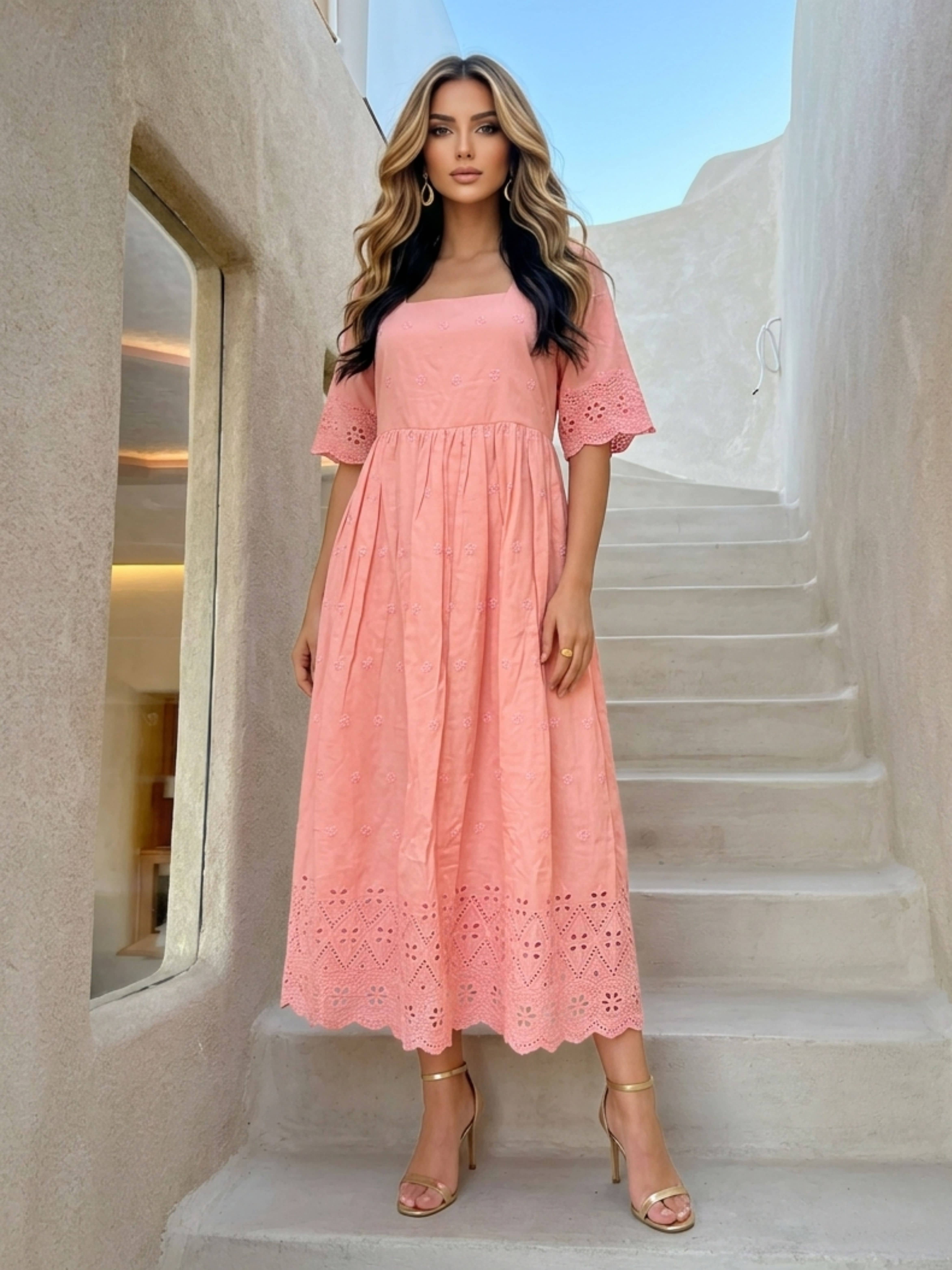 Royal Export Women Cotton Blend Solid A-line Dress ( Peach )