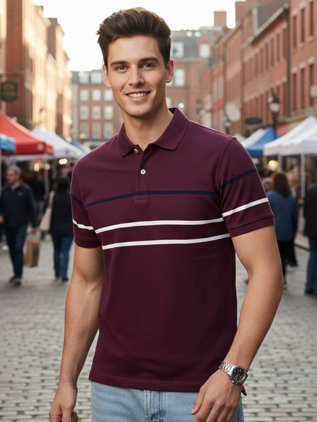 GET GOLF Men Cotton Blend Regular Fit Striped Polo T Shirt ( Multicolor )