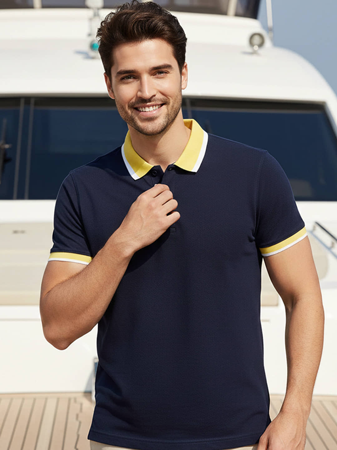 GET GOLF Men Cotton Blend Regular Fit Solid Polo T Shirt ( Navy Blue )