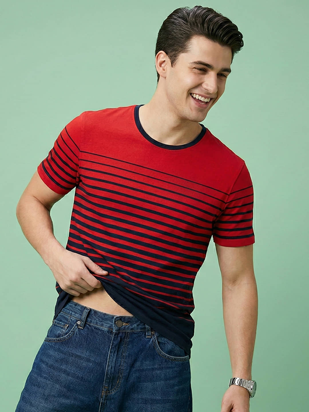 GET GOLF Men Cotton Blend Regular Fit Striped Polo T Shirt ( Red )