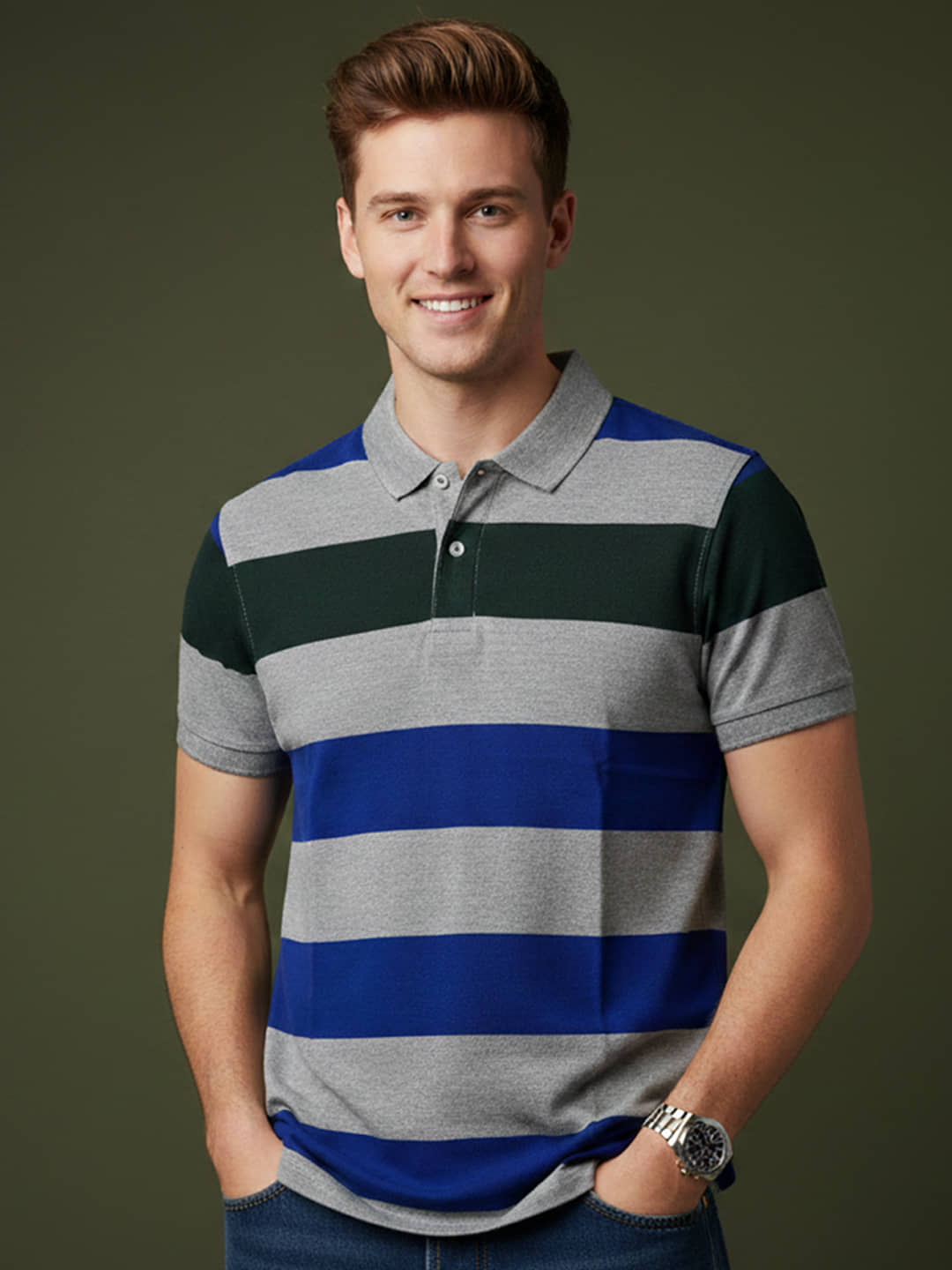 GET GOLF Men Cotton Blend Regular Fit Striped Polo T Shirt ( Multicolor )