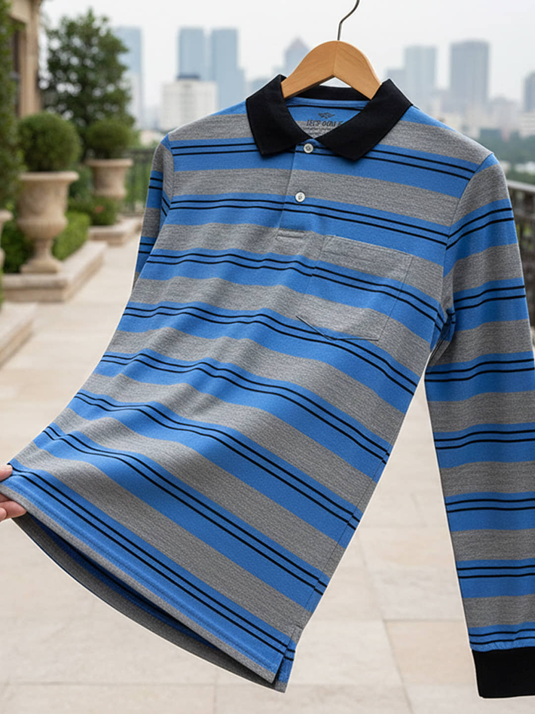GET GOLF Men Cotton Blend Regular Fit Striped Polo T Shirt ( Blue )