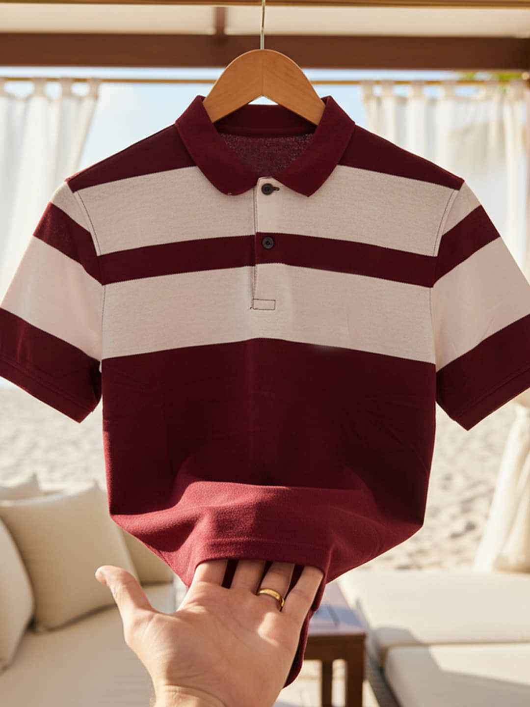 GET GOLF Men Cotton Blend Regular Fit Striped Polo T Shirt ( Maroon )