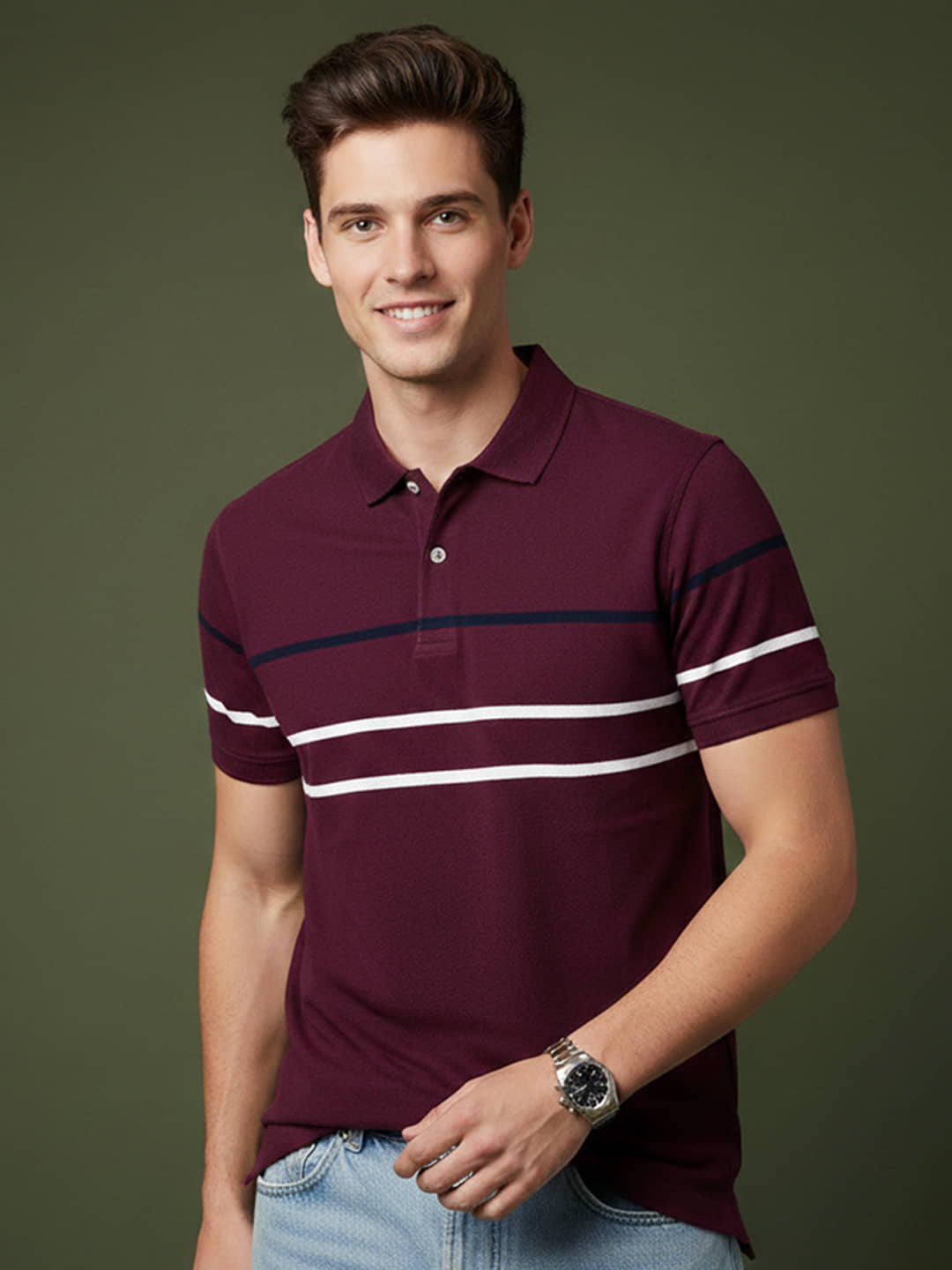 GET GOLF Men Cotton Blend Regular Fit Striped Polo T Shirt ( Multicolor )