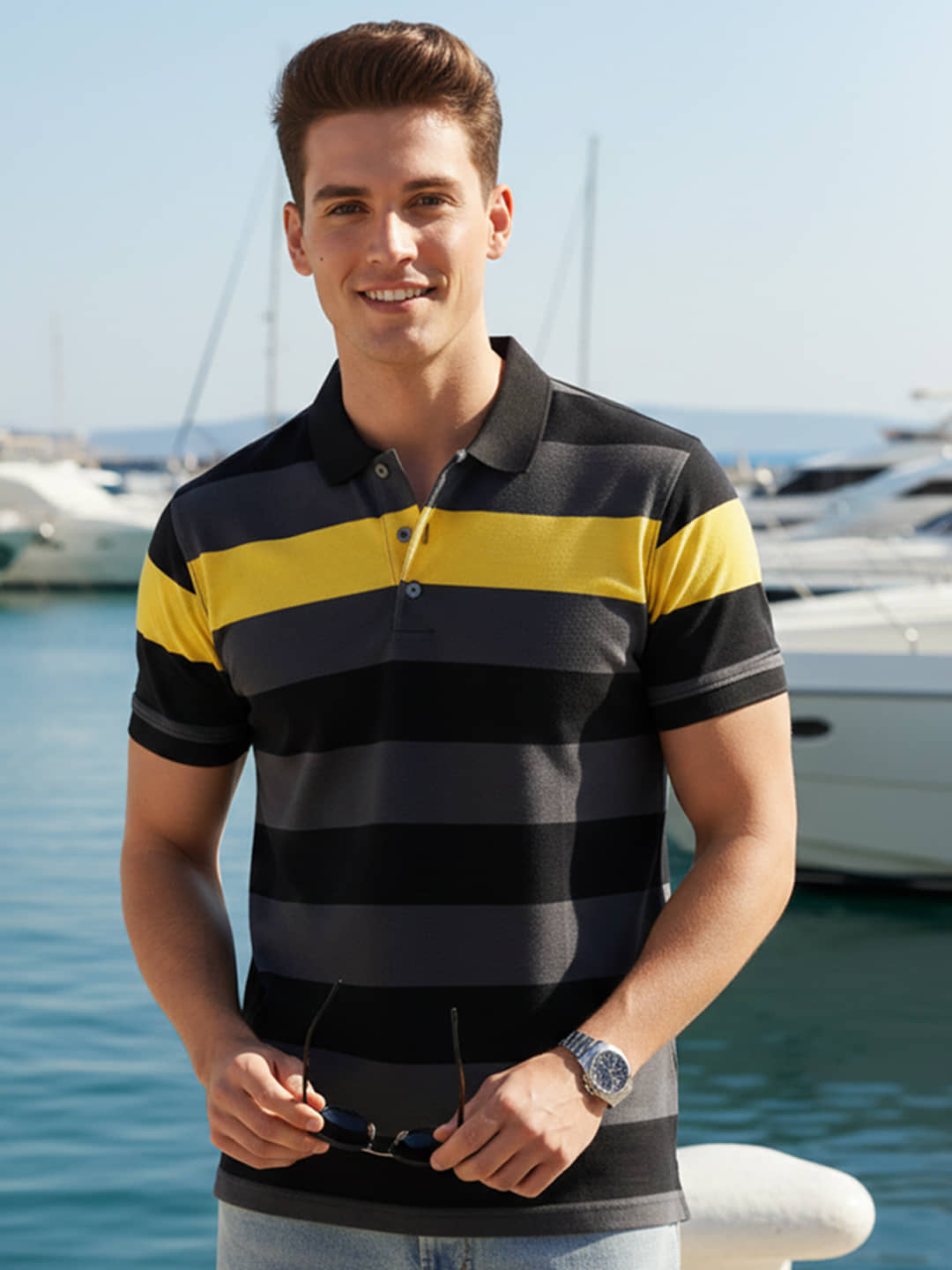 GET GOLF Men Cotton Blend Regular Fit Striped Polo T Shirt ( Multicolor )