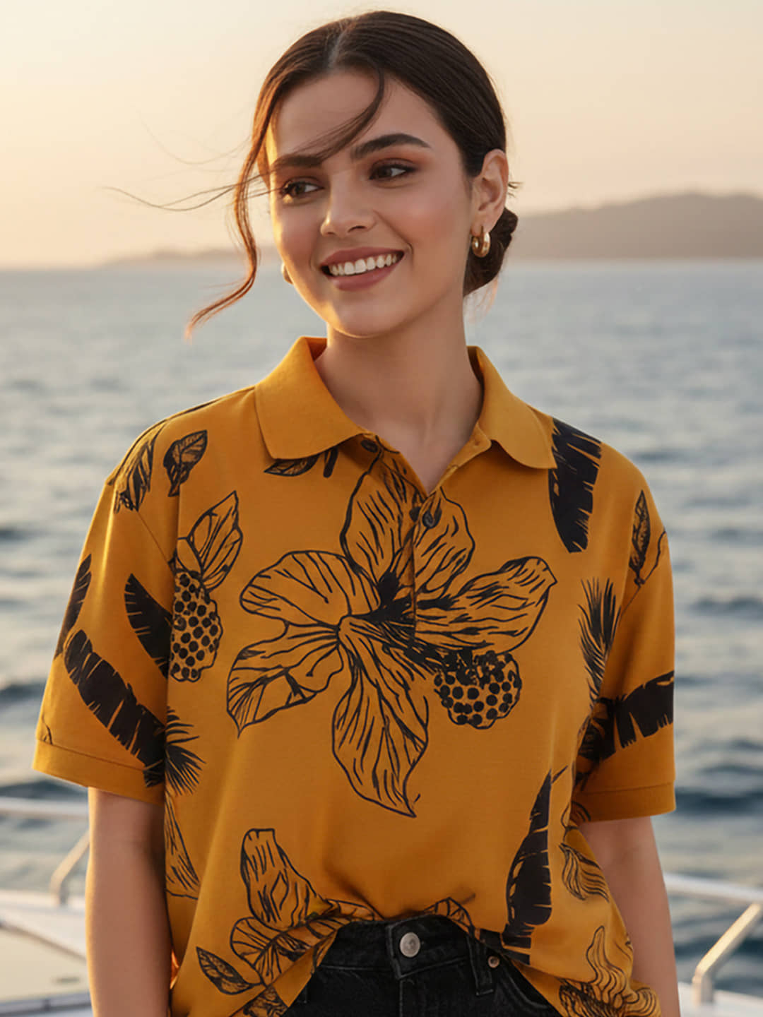 GET GOLF Women Cotton Blend Oversized Fit Polo Collar T-Shirt ( Mustard )