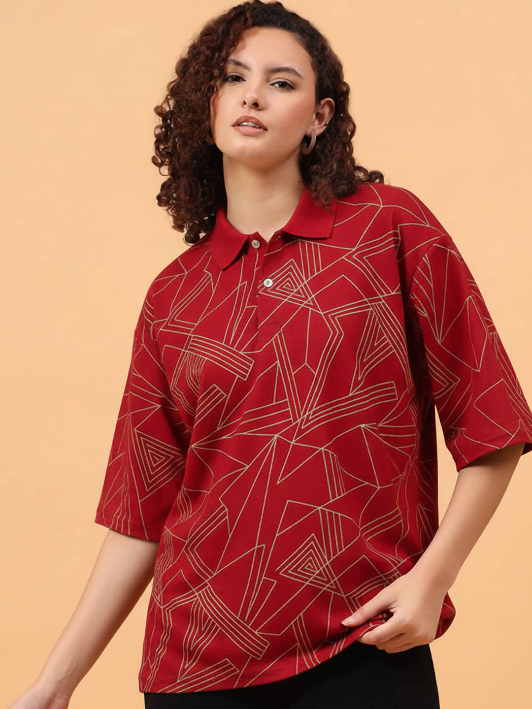 GET GOLF Women Cotton Blend Oversized Fit Polo Collar T-Shirt ( Maroon )