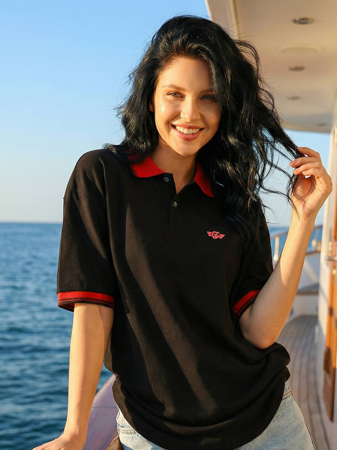 GET GOLF Women Cotton Blend Oversized Fit Polo Collar T-Shirt ( Black )