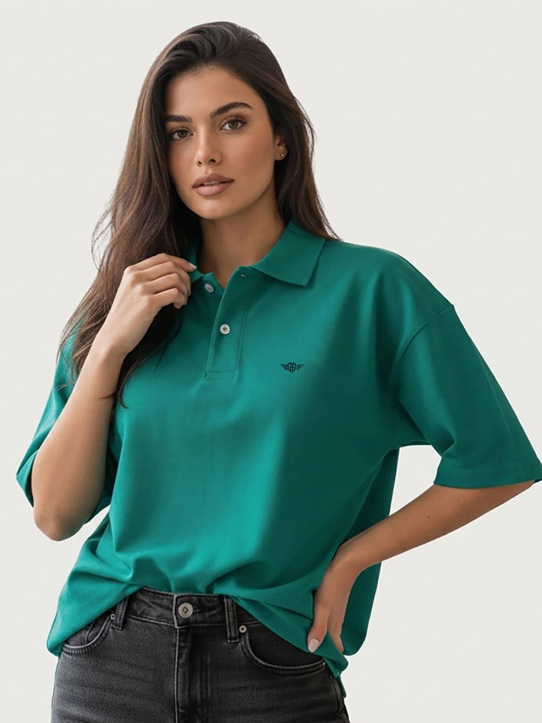 GET GOLF Women Cotton Blend Oversized Fit Polo Collar T-Shirt ( Teal )