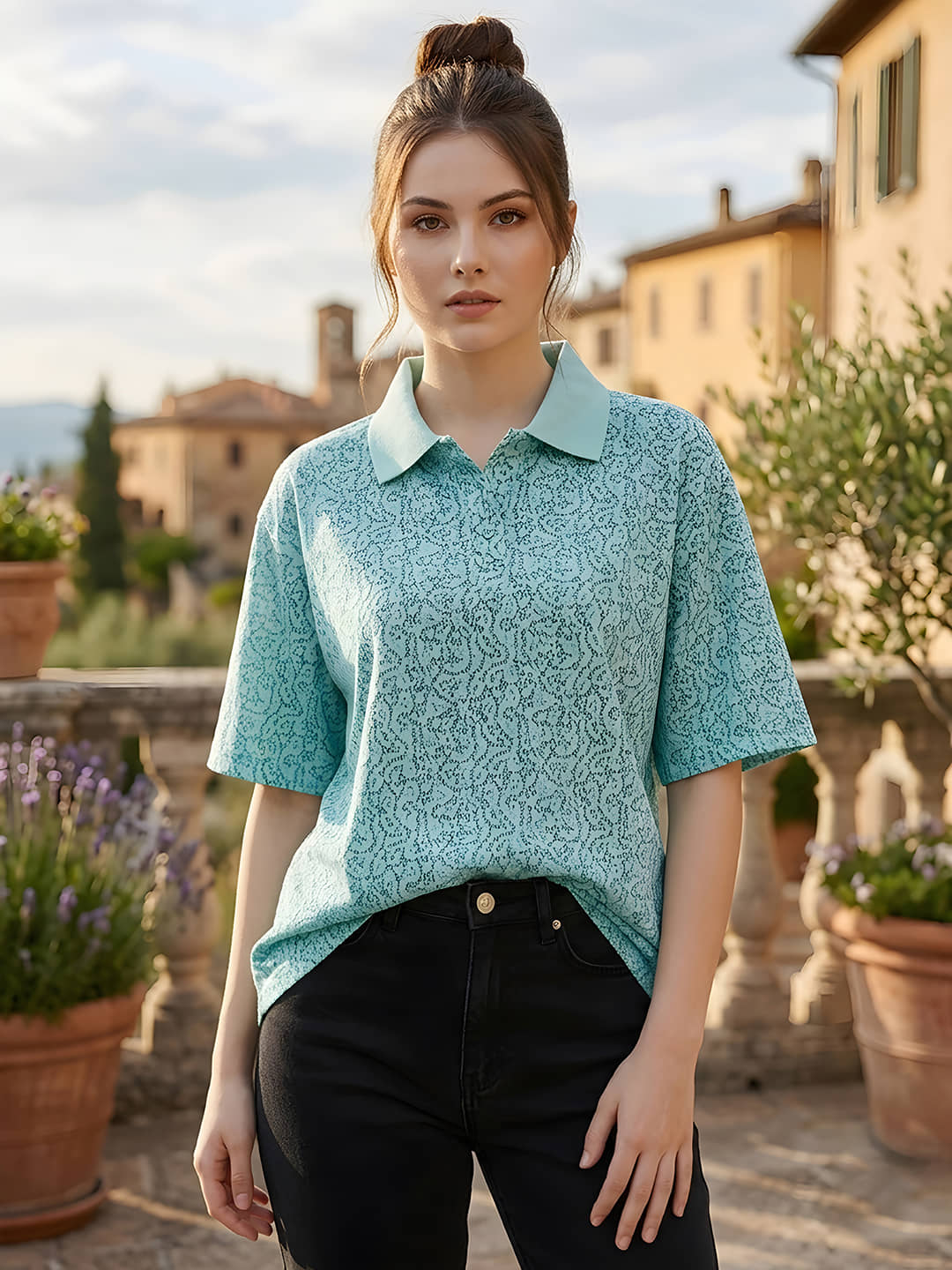 GET GOLF Women Cotton Blend Oversized Fit Polo Collar T-Shirt ( Turquoise )