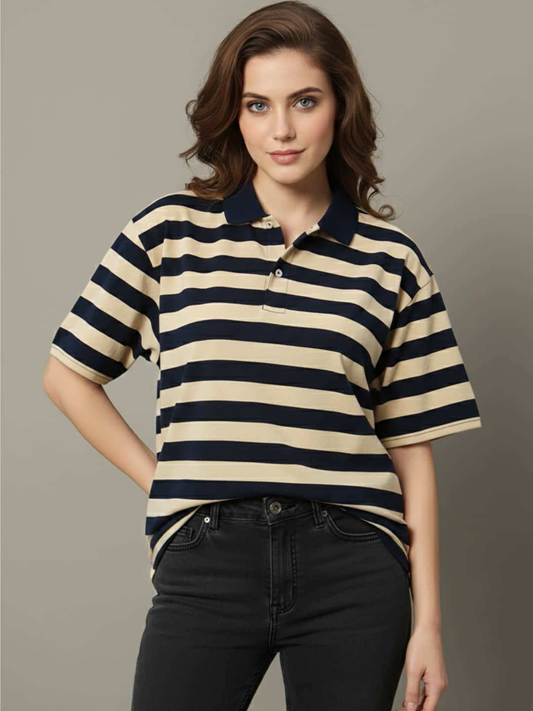 GET GOLF Women Cotton Blend Oversized Fit Polo Collar T-Shirt ( Navy Blue )