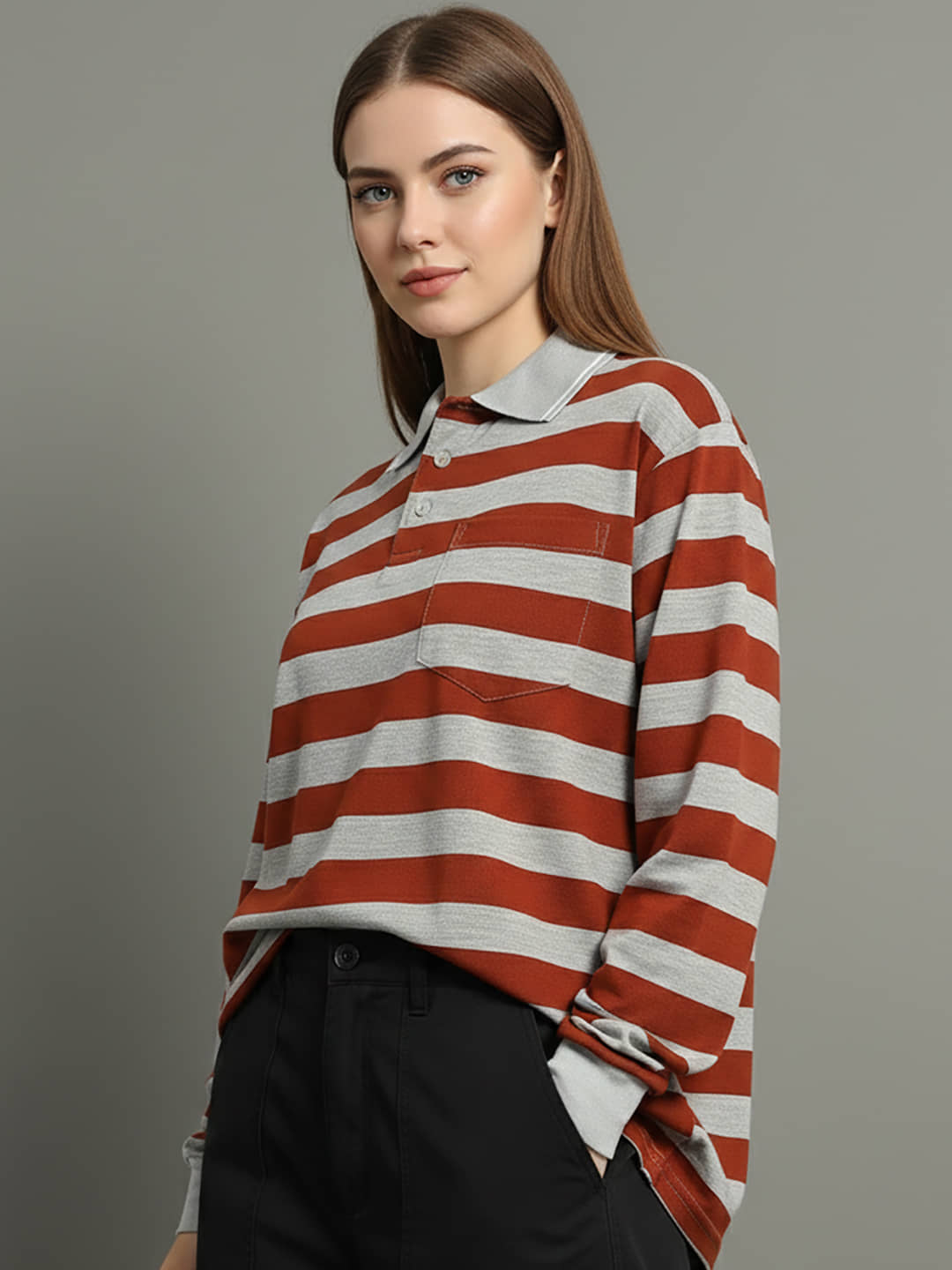 GET GOLF Women Cotton Blend Oversized Fit Polo Collar T-Shirt ( Brown )